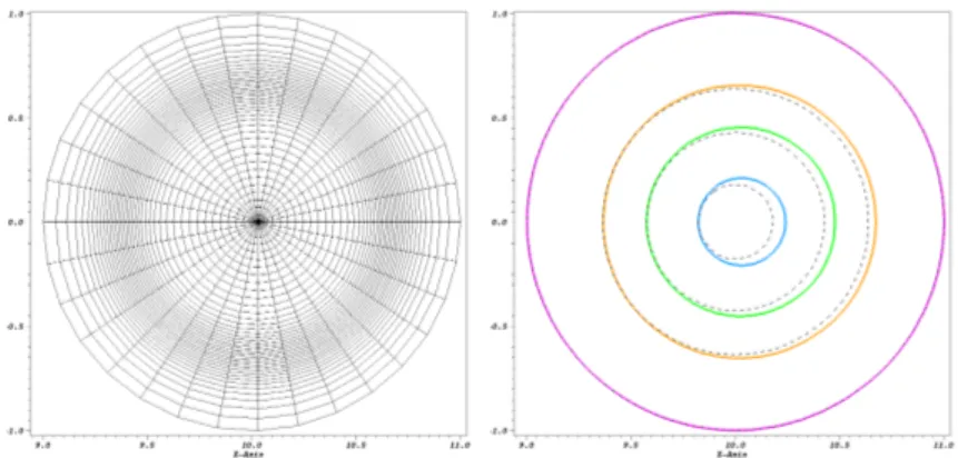 Figure 1: Grad-Shafranov equilibrium : Mesh aligned on magnetic flux surfaces (left) and Shifting of the Magnetic flux surfaces(right)