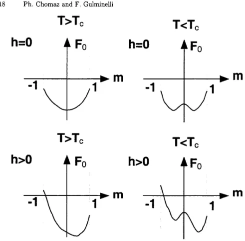 Fig. 3  Mean  field  free  energy  as  a  function  of  magnetization  at  zero  (upper  part)  and positive  (lower  part)  magnetic  field,  for  a  supercritical  (left)  and  a  subcritical  (right) temperature.