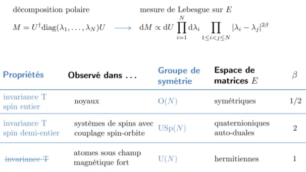 Figure I.1: Classe de modèles de matrices introduits par Dyson [Dys62]. ’T’ re- re-présente l’opération de renversement du temps