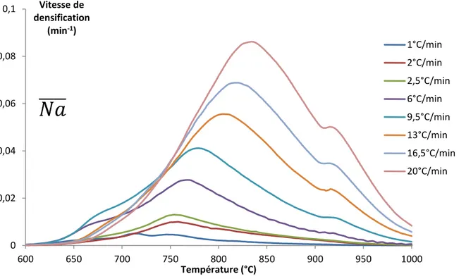 Figure 3 : Vitesses de densification à différentes vitesses de montée en température pour les échantillons sans sodium 