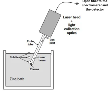 Figure 20 : Schéma de principe de la LIBS avec canne de bullage sur un bain de zinc d’après [83]