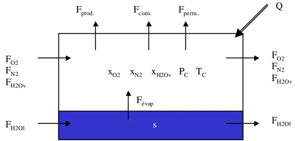 Figure V-8 : Volume homogène : échanges de matière et de chaleur – sens des échanges  Bilan de matière global sur la phase gazeuse : 