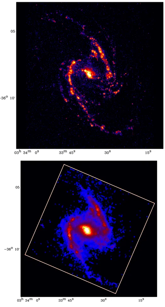 Figure V.5: NGC 1365 (galaxie de type SBb) dans la raie H α (en haut, carte fournie par M.