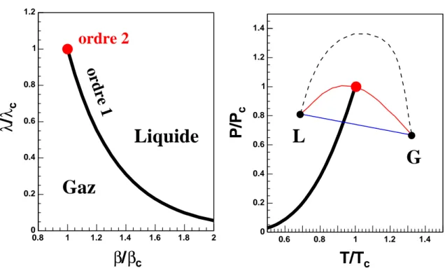 Fig. 2.5 – Diagramme des phases dans le plan des param`etres intensifs (β, λ). La rupture de pente de ln Z N forme une ligne de transition du premier ordre (ou ligne de coexistence), termin´ee par un point critique du second ordre