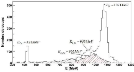 Fig. 2.19 – Spectre de l’´energie calibr´ee des noyaux d´etect´es avec une cible de Plomb `a l’´energie E = 7.35AMeV (voir texte).