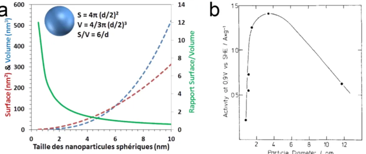 Figure 20 : Evolution  (a) du rapport surface/volume et (b) de l'activité massique [12]  en fonction de la taille des  particules sphériques pleines 