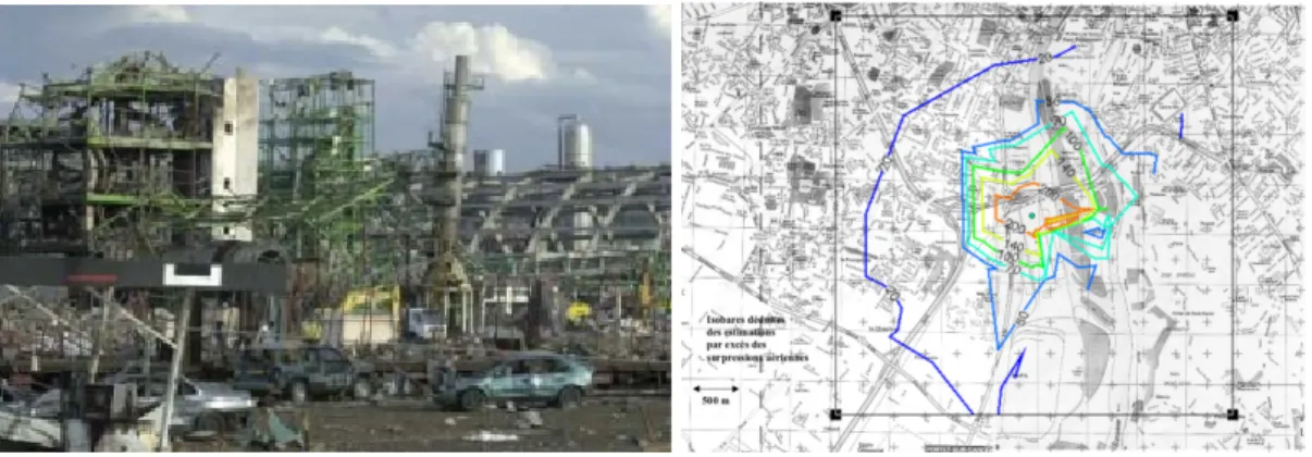 Figure 1.3 – À gauche, photographie du site industriel de l’usine AZF après l’explosion du 21 septembre 2001, d’après [82]