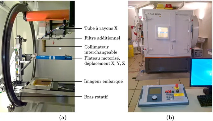 Figure 3.1.1 : (a) Int´erieur de l’irradiateur. (b) Enceinte blind´ee de l’irradiateur et station de pilotage.