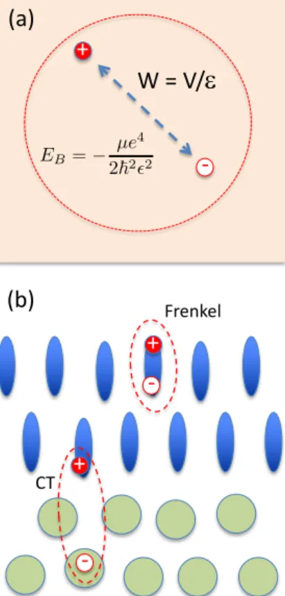 Figure 3: Symbolic representation of (a) extended Wannier exciton with large electron-hole average distance, and (b) Frenkel (local) and charge-transfer (CT) excitations at a donor-acceptor interface