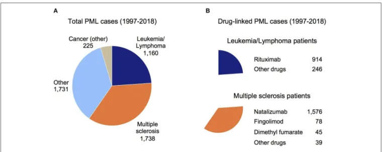 FIGURE 1 | Overview of PML cases in the FDA Adverse Event Reporting System (FAERS). (A) Total PML cases reported in the FAERS database sub-grouped by the patient’s underlying disease (see Methods)