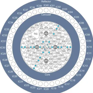 Figure 1. Schematic top view of the TRIGA reactor with marked irradiation positions. Blue circles  in the core denote positions in the core, where axial reaction rate profile measurements were 