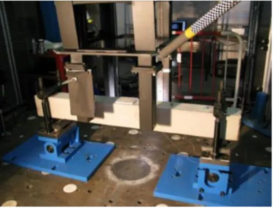 Figure 3: View of a beam with its two rotating bearings instrumented with load cells. 