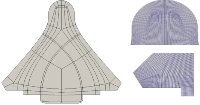 Fig. 10. A symmetric domain partitioning on the left and two focuses on the ob- ob-tained quadrilateral mesh