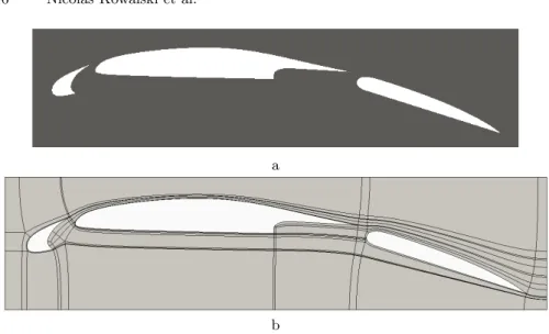 Fig. 12. A 2d space around an aerofoil in a and and the corresponding domain partitioning in b