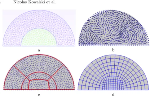 Fig. 1. Overview of the main steps of our algorithm. In a, the background mesh used. The geometry has two domains with distinct mesh colors