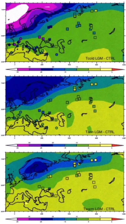 Fig. 1.  Model-data comparison for the Last Glacial Maximum Climate over Europe (Kageyama et al., 2001)