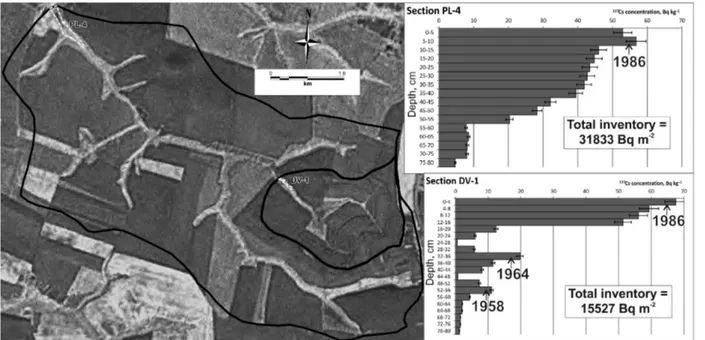 Fig. 5 The Lebedin and Gracheva Lochina catchments, dry reservoirs and  137 Cs depth distributions for  the two cores studied