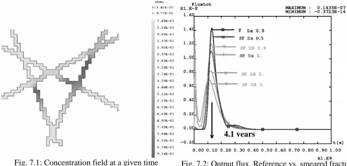 Fig. 7.1: Concentration field at a given time  Fig. 7.2: Output flux. Reference vs. smeared fracture  In  this  study,  different  levels  of  discretization  have  been  considered  and  the  limitations  of  the  smeared  fracture approach are revealed i