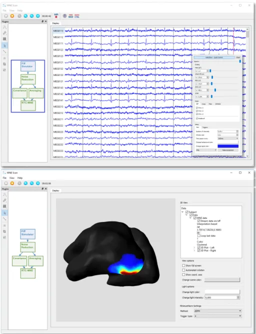 Figure 3: Real-time source localization setup in MNE Scan: In the presented pipeline (see blue rectangle) the Fi↵Simulator imitates a real-time data stream based on pre-recorded data (see upper screenshot)
