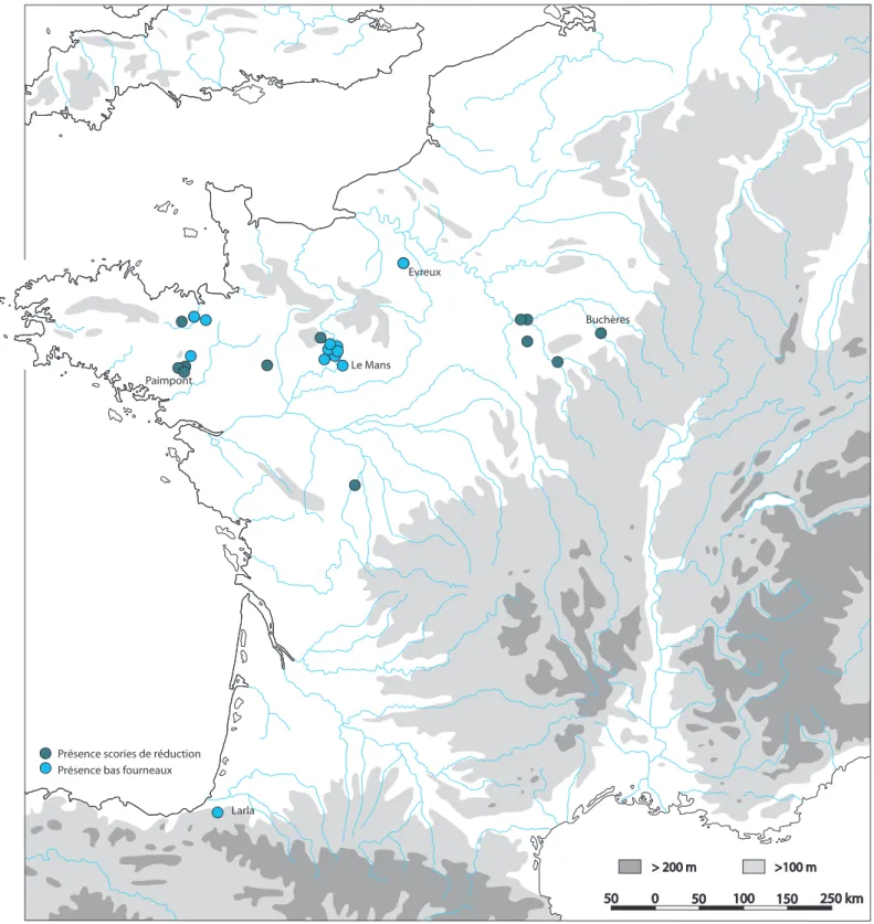 Fig. 7. Répartition des sites de réduction du minerai de fer à l’échelle de la France métropolitaine pour la période La Tène B – La Tène C.