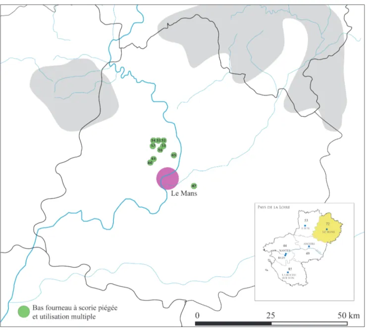 Fig. 9. Répartition des sites de réduction du minerai de fer dans la région du Mans pour la période de La Tène B – La Tène C (N. Zaour, Inrap – Fig