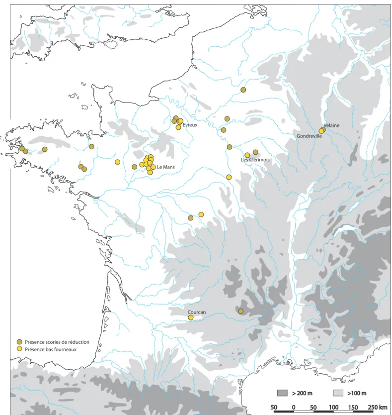 Fig. 1. Répartition des sites de réduction du minerai de fer à l’échelle de la France métropolitaine pour la période du Hallstatt D-La Tène A.