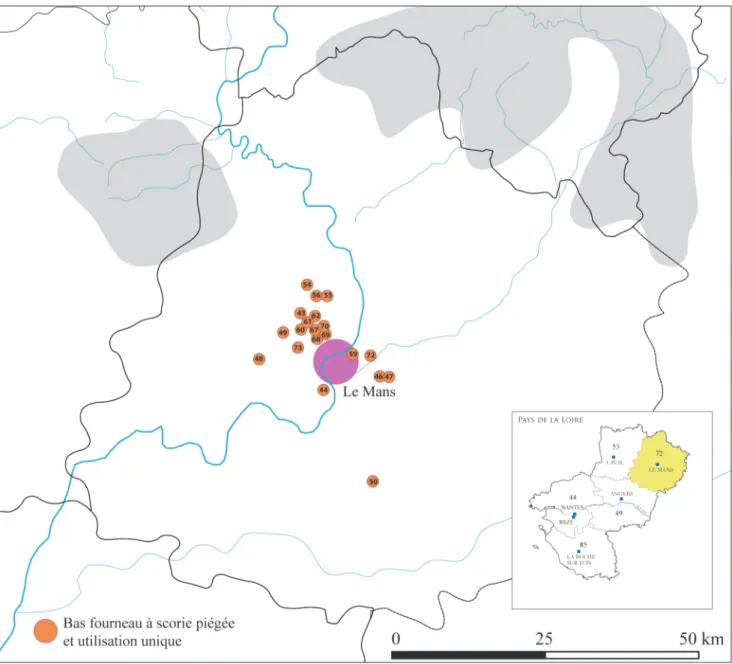 Fig. 3. Répartition des sites de réduction du minerai de fer dans la région du Mans pour la période du Hallstatt D-La Tène A  Fig. 3