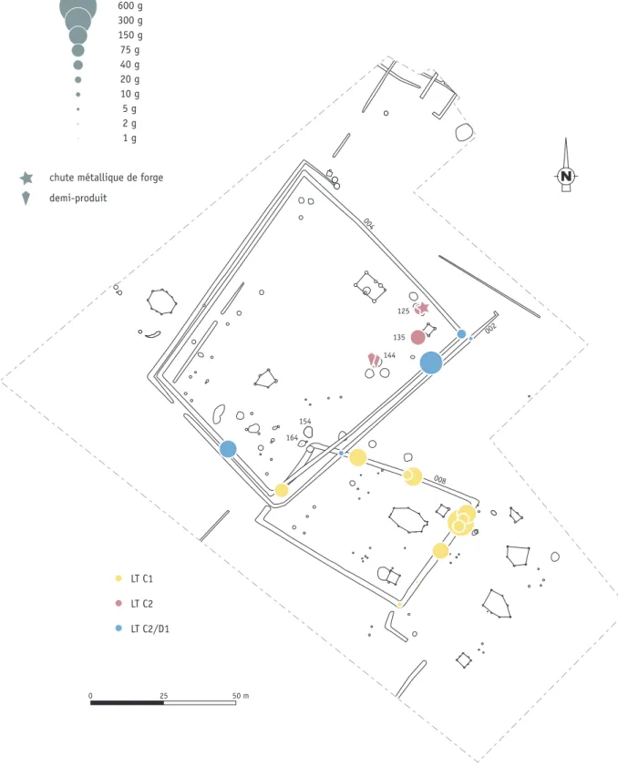 Figure 8 – Le Mesnil-Aubry (Val-d’Oise), « Le Bois Bouchard IV ». Plan du site et répartition phasée des déchets  liés à la métallurgie du fer