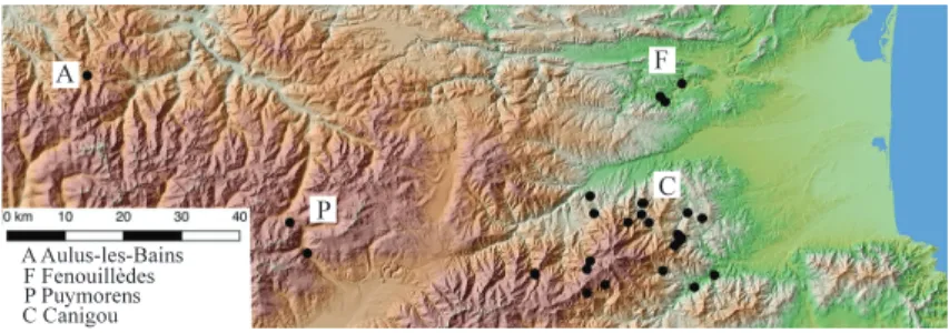 Figure 6 – Zones prospectées et/ou fouillées dans les départements de l’Ariège et des Pyrénées-Orientales (Aulus-les-Bains [A], Puymorens [P], massif du Canigou [C] et  Fe-nouillèdes [F]) et les vingt sites sidérurgiques anciens associés.