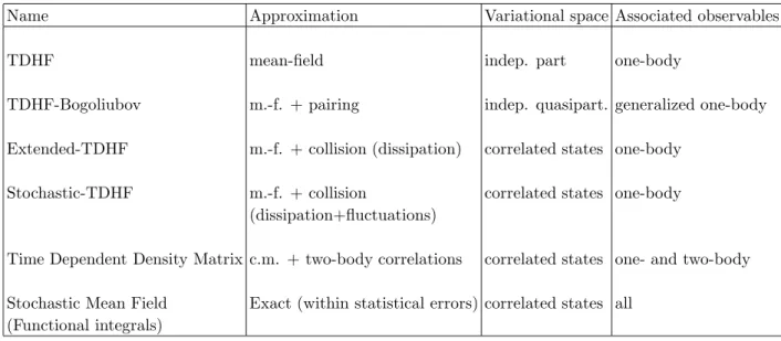 Table I: Summary of microscopic approaches presented in these notes