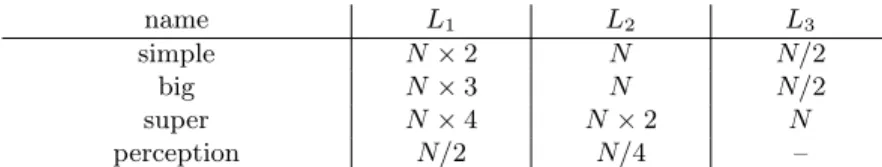 Table 1: Number of neurons for the different architectures. N denotes the dimension of the input, L i the i − th layer of the network