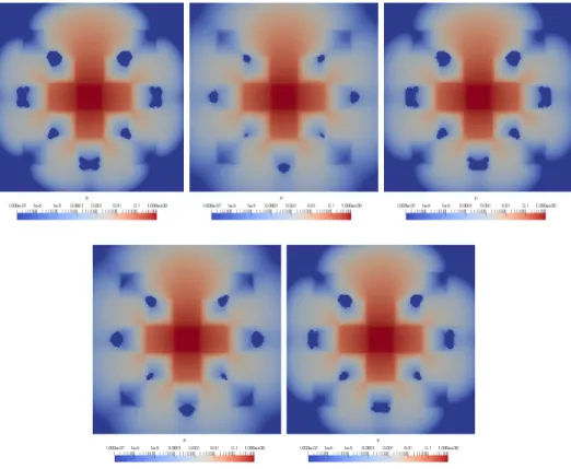 Figure 9: P 3 model. Representation of the first variable for the test case 7.3. Top left: reference solution