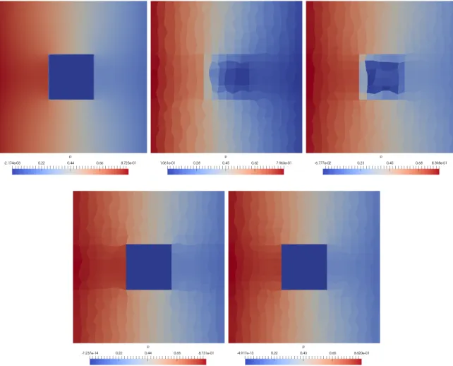 Figure 4: Representation of the first variable for the P 3 model. Top left: reference solution