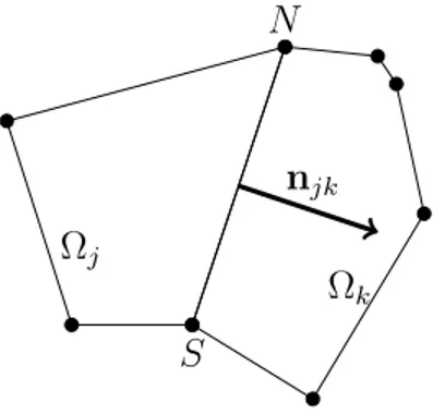 Figure 1: the face Γ jk = Ω j ∩ Ω k defined the segment (N S) has a unit normal vector n jk oriented from Ω j to Ω k .