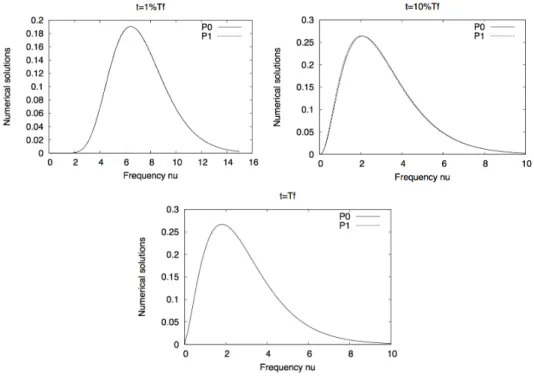 Figure 3: Zero-th order moments (P 0 and P 1 ) versus frequency ν at different times, α = 1