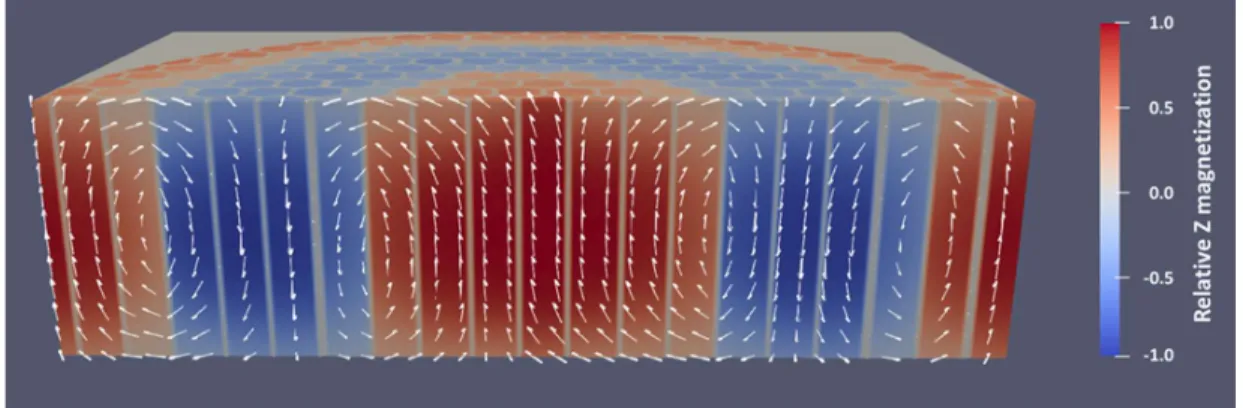 Figure 7. Cross sectional view of the magnetization in the bulk of a 120 nm thick disk with σ =  0.05, with three concentric domains