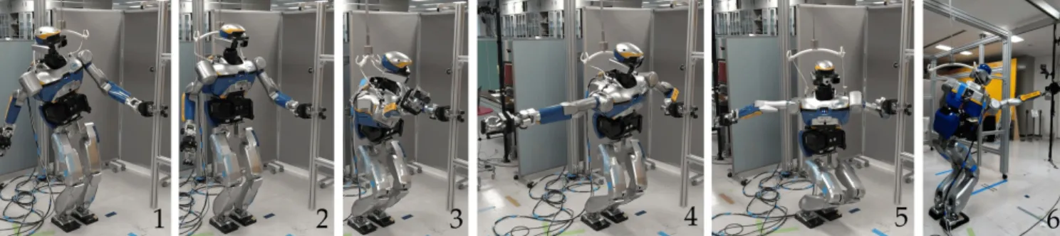 Fig. 16: Pictures of HRP-2Kai performing exp. 2, LexDynAH, from left to right: 1.: The left hand has grabbed the pole while the right hand task on level 9 is in conflict with the CoM task on level 8