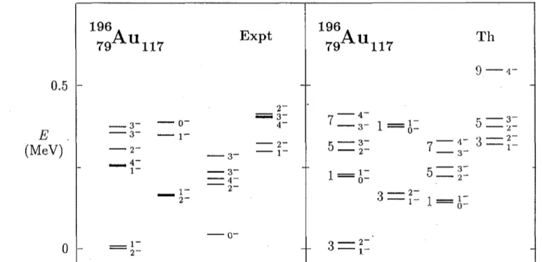 FIG. 1. Observed and calculated energy spectrum of negative-parity states in  196 Au. Levels are labelled by their angular momentum and parity  J &#34; (right) and an additional quantum number L (left)