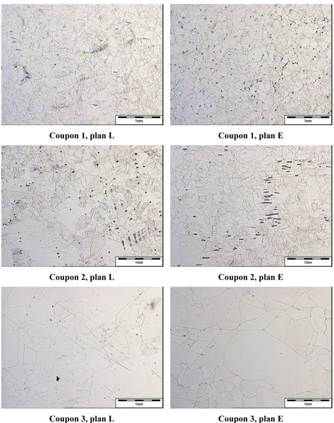 Figure 27 : Exemples de micrographies obtenues pour les 3 pièces dans les 2 plans 