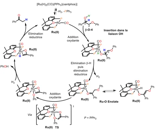 Figure I.15 : Mécanisme de la coupure neutre rédox d’un modèle de lignine par le complexe  [Ru(H) 2 (CO)(PPh 3 )(xantphos)] proposé par Beckham et coll
