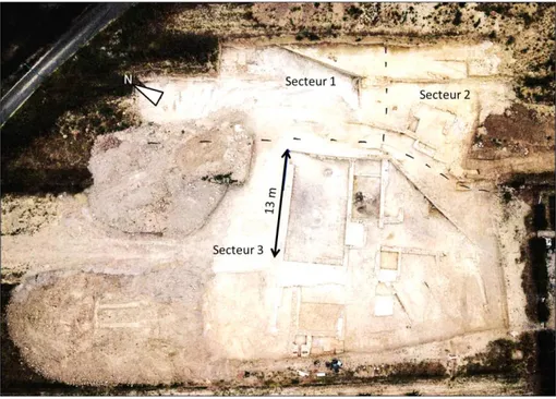 Figure 23 : Vue aérienne du site archéologique du Castellet, Le Galantin, et position des différents secteurs de fouilles