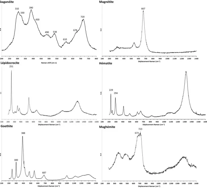Figure 29 : Spectres Raman de certains oxydes et oxyhydroxydes de fer, 532 nm, akaganéite, lépidocrocite, goethite, magnétite,  hématite, maghémite