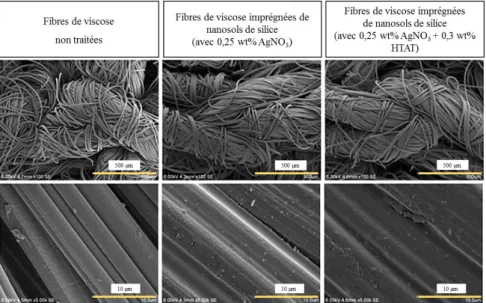 Figure 21 : Clichés MEB des fibres de viscose non traitées (à gauche), imprégnées de silice avec 0,25  wt% de AgNO 3  (au milieu) et imprégnées de 0,25 wt% AgNO 3  + 0,3 wt% HTAT (à droite) (adapté de 