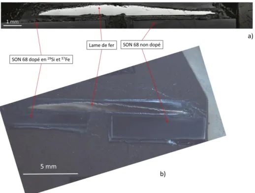 Figure 21 : photographies optiques de l’interface verre/fer (en a) et de la coupe transversale de  l’échantillon (en b) de l’expérience intégrale 