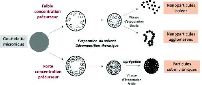 Figure I. 42 : Diagramme schématique du mécanisme de formation de particules à partir d’aérosol selon la  concentration en précurseur dans la goutte