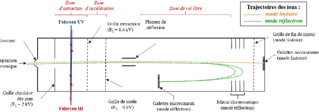 Figure 2.10 – Schéma de principe du spectromètre de masse à temps de vol. 