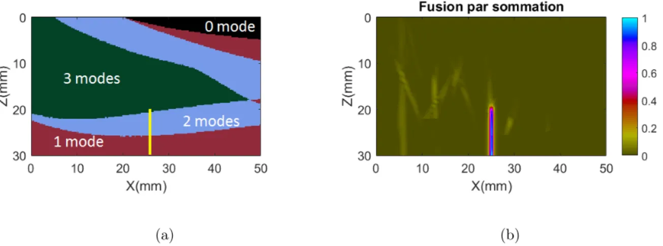 Fig 4.10 – (a) Cartographie de distribution du nombre de modes pertinents en chaque pixel, (b) Fusion par sommation des modes LLT, TLT et TTT