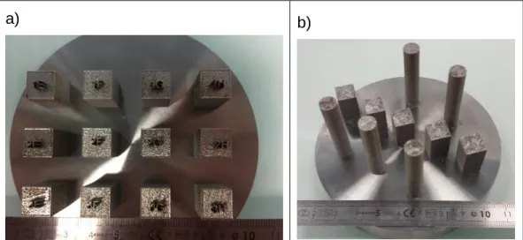 Figure 20 Photographies de pièces en acier 316L élaborées par SLM a) échantillons cubiques destinés  aux analyses microstructurales et b) cubes et éprouvettes cylindriques