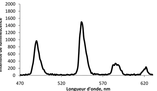 Figure 19. Spectre de luminescence de Tb(III) en solution tampon d’hexamine 0,14 mol.L -1 , pH 6,4 