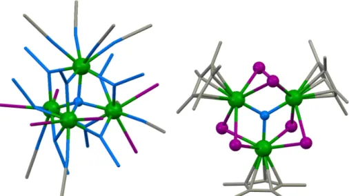 Figure  I.12.  Mercury  diagrams  of  the  solid-state  molecular  structures  of  the  uranium  nitrido  clusters  ([U 4 (μ 4 -N)(μ-1,1-N 3 ) 8 (CH 3 CN) 8 I 6 ][(Cs(CH 3 CN) 3 ]) n  (left) and [U(Cp*)(μ-I) 2 ] 3 (μ 3 -N) (right)